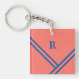 Coral Blue Stripes Trending Colours Monogram Keychain