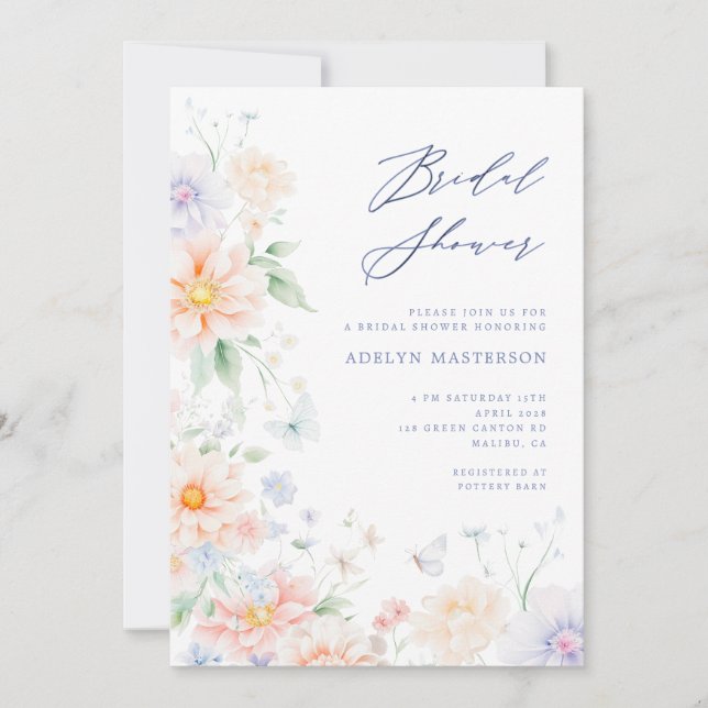 Coral Blue Wildflower Bridal Shower Invite  (Front)
