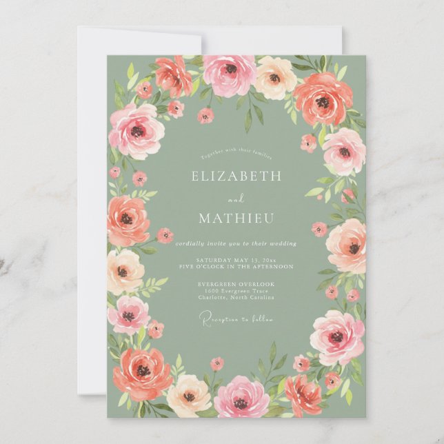 Coral Blush Botanical Bloom Wedding Invitation (Front)