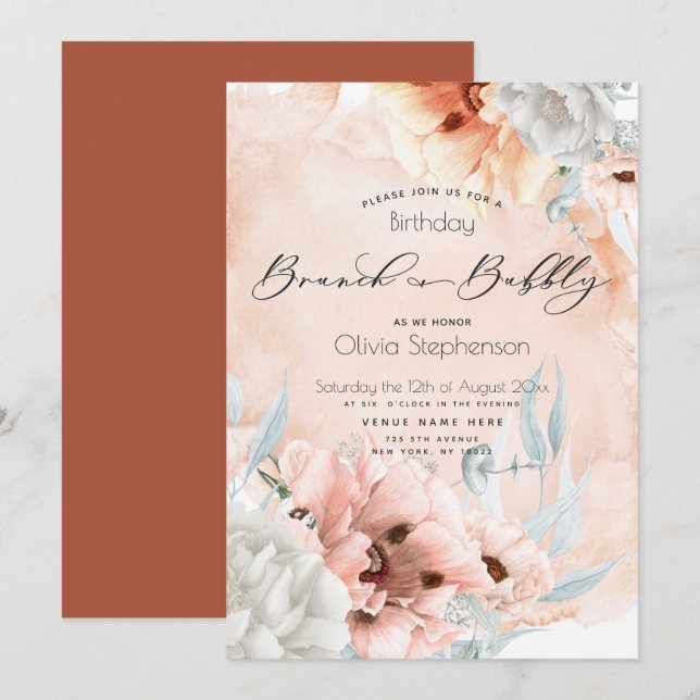 Coral Blush Brunch Bubbly Invitation d'anniversair (Devant / Derrière)