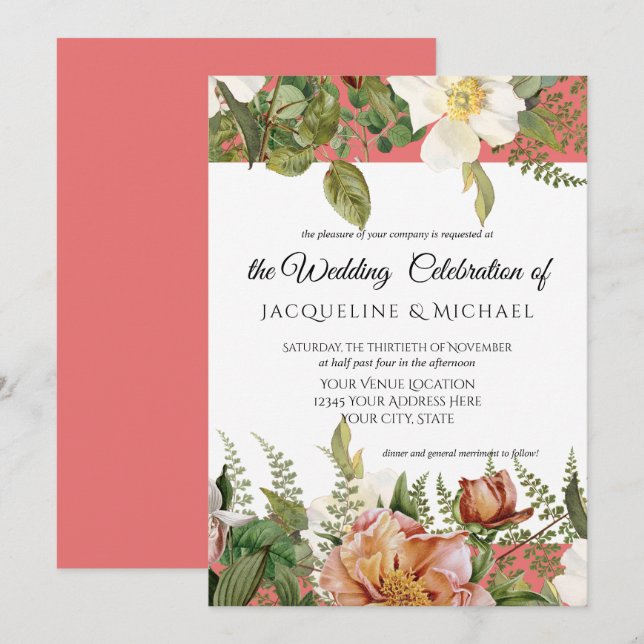 Coral Blush Floral Ivory Peony Wedding Rose Leaf Invitation (Front/Back)
