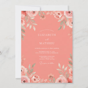 Coral Blush Floral Watercolor Wedding Invitation
