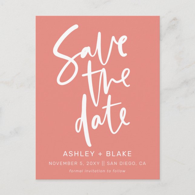 Coral Blush Handwritten Calligraphy Save the Date Announcement Postcard (Front)