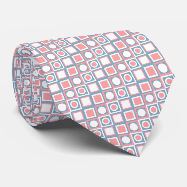 Coral Blush Peach Pink Blue White Art Pattern Tie (Rolled)