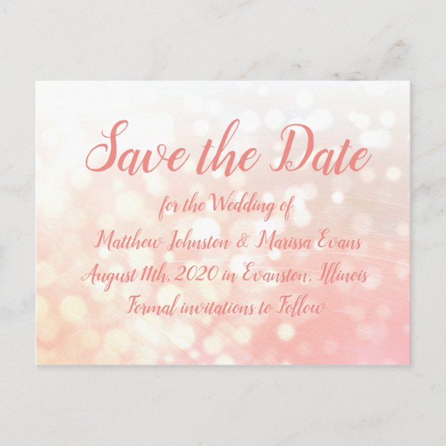 Coral Bokeh Personalized Save the Date Postcard (Front)