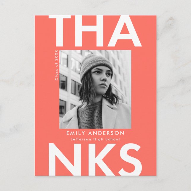 Coral | Bold Grad Photo Graduation Thank You Postcard (Front)