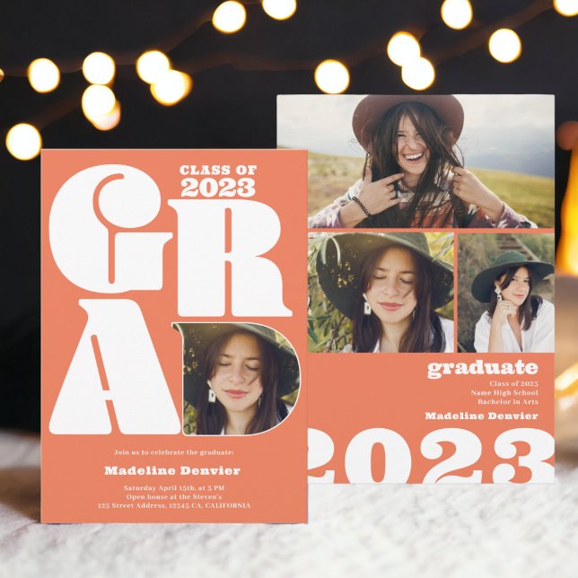 Coral bold oversized Grad 4 photo 2023 graduation Invitation (Coral bold oversized Grad 4 photo 2023 graduation Invitation)