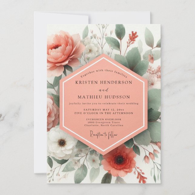 Coral Botanical Elegance Wedding Invitation (Front)