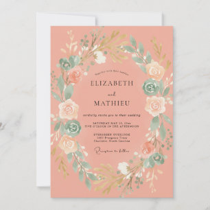 Coral Botanical Laurel Romance Wedding Invitation