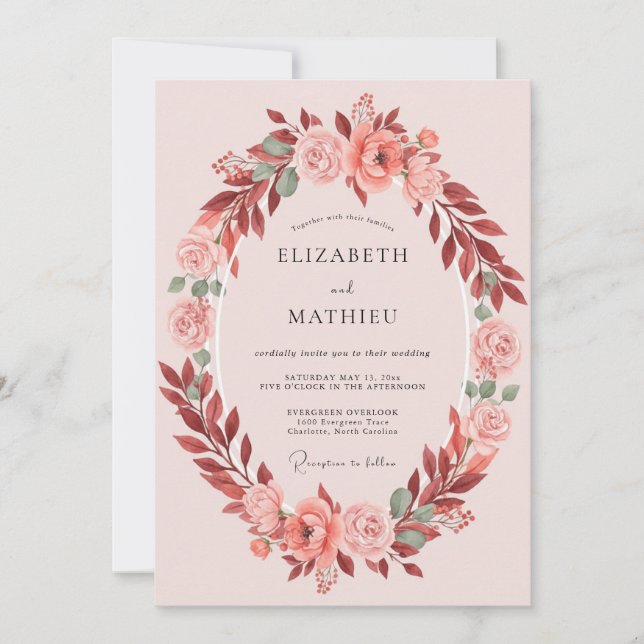 Coral Botanical Oval Romance Wedding Invitation (Front)
