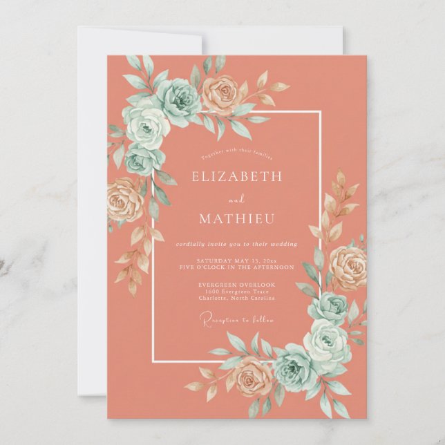 Coral Botanical Romance Wedding Invitation (Front)