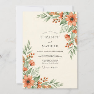 Coral Botanical Rustic Wedding Invitation