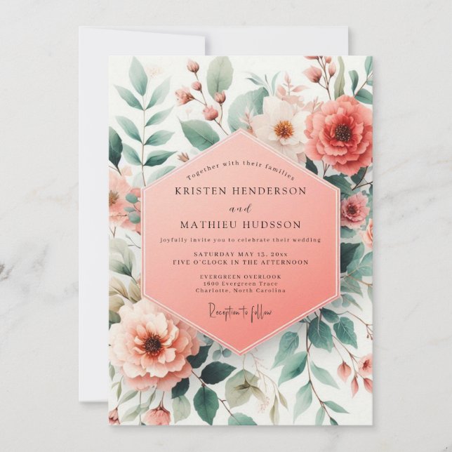 Coral Botanical Whimsy Wedding Invitation (Front)