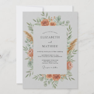 Coral Botanical Wreath Wedding Invitation