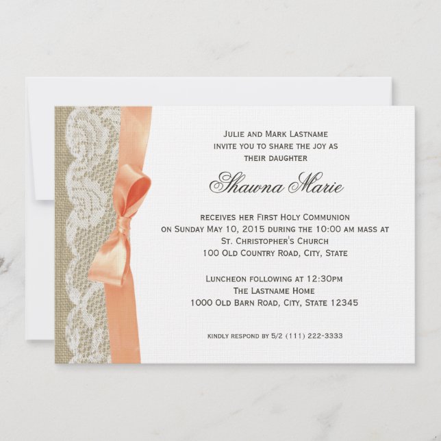 Coral Bow and Burlap First Communion Invitation (Front)