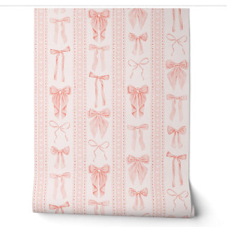 Coral Bows and Lace in Elegant Vertical Stripes Wallpaper