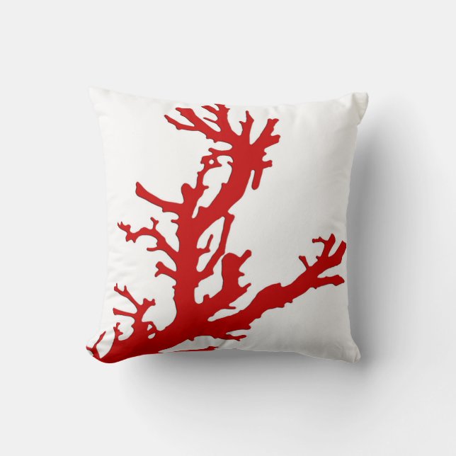 Coral branch - dark coral red and white throw pillow (Front)