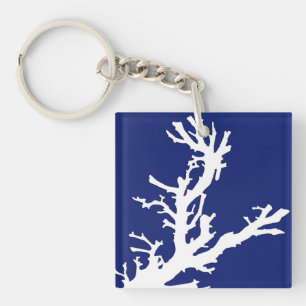 Coral branch - navy blue and white keychain