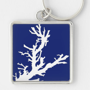 Coral branch - navy blue and white keychain