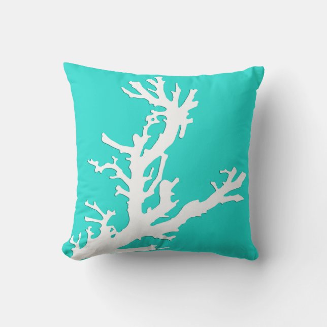 Coral branch - Turquoise and White Throw Pillow (Front)