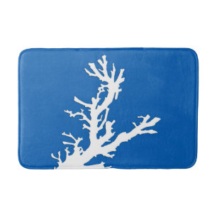 Coral branch - white on cobalt blue bath mat