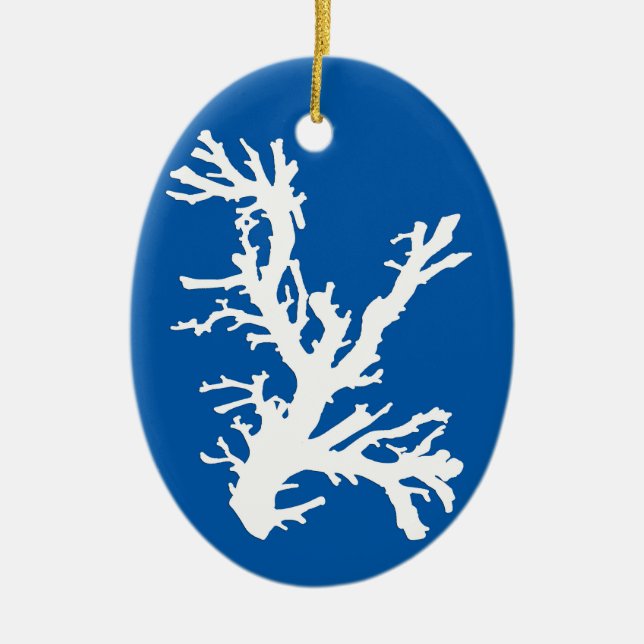 Coral Branch, White on Cobalt Blue Ceramic Ornament (Front)