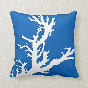 Coral branch - white on cobalt blue throw pillow