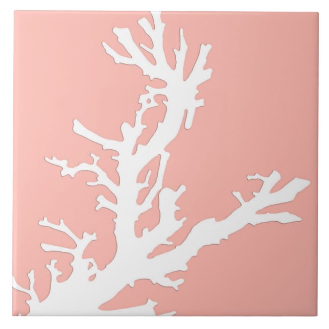 Coral branch - white on coral pink tile (Front)