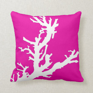 Coral branch - white on fuchsia pink throw pillow