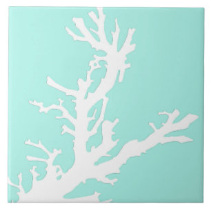 Coral branch - white on pale aqua tile