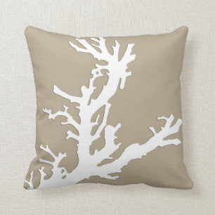 Coral branch - white on taupe tan throw pillow