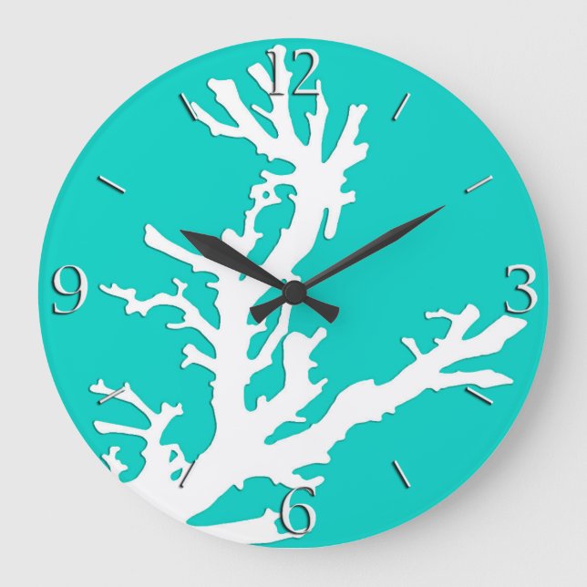 Coral branch - white on turquoise large clock (Front)