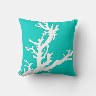 Coral branch - white on turquoise throw pillow