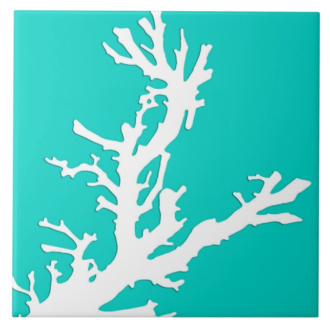 Coral branch - white on turquoise tile (Front)