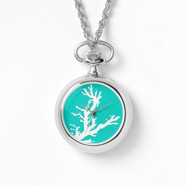 Coral branch - white on turquoise watch (Front)