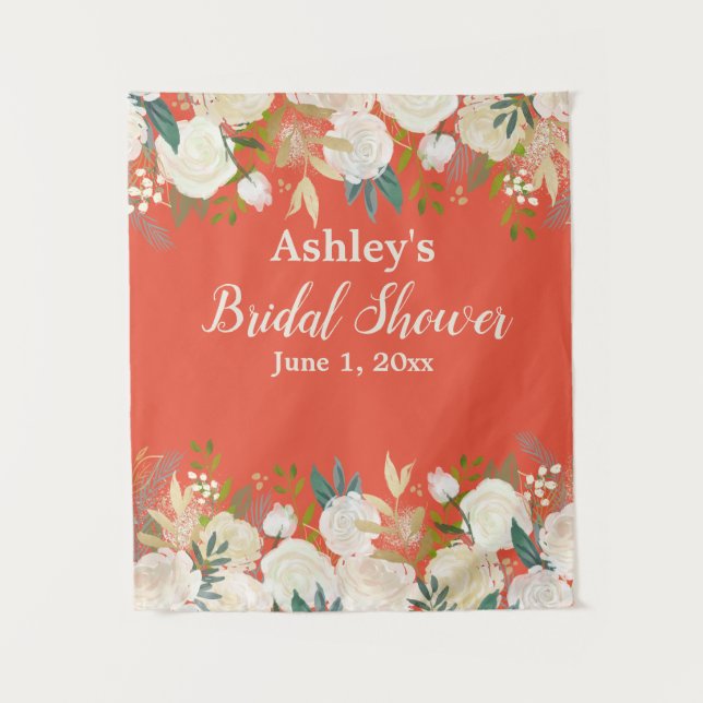 Coral Bridal Shower Photo Booth Backdrop Chic Prop Tapestry (Front)