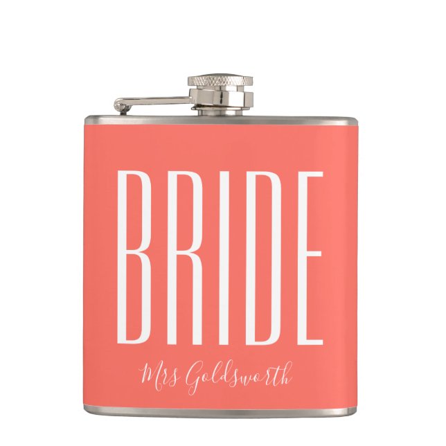Coral Bride Personalized Name Hip Flask (Front)