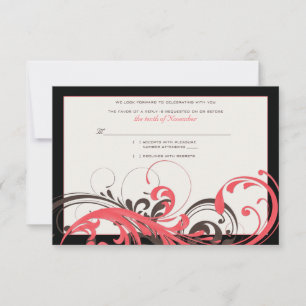 Coral, Brown, Black Floral Wedding Reply Card