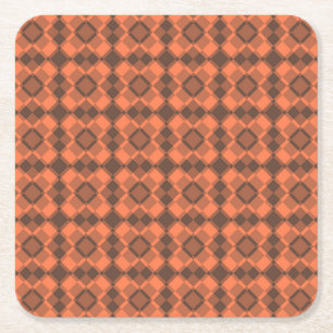 Coral Brown Checker Argyle Pattern Square Paper Coaster