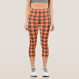 Coral Brown Chequered Diamond Pattern Capri Leggings