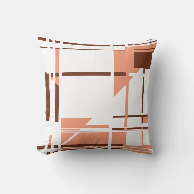 Coral Brown Perpendicular Shapes Lines on White Throw Pillow (Front)