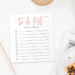 Coral | Brush Lettered Personalized To Do List Notepad<br><div class="desc">Chic personalized notepad features "to do list" at the top in vibrant tropical coral handwritten style brush lettered typography. Personalize with your name or choice of text beneath,  or leave blank if desired. 10 lines with checkboxes help you keep track of all your important tasks!</div>