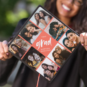 Coral   Brush Script Grad 8 Photo Collage Graduation Cap Topper