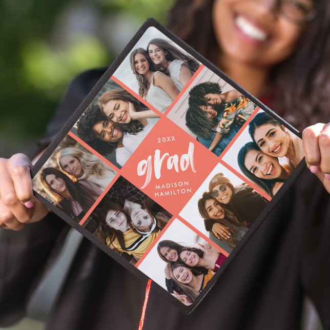 Coral | Brush Script Grad 8 Photo Collage Graduation Cap Topper (Creator Uploaded)