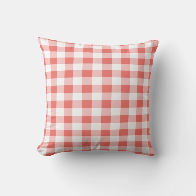 Coral Buffalo Plaid White Throw Pillow (Front)