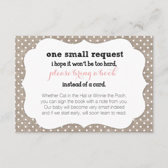 Coral & Burlap Dots Baby Shower Book Request Card (Front)