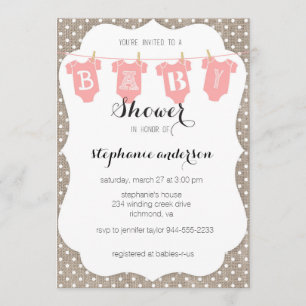Coral & Burlap Dots Clothesline Baby Shower Invite