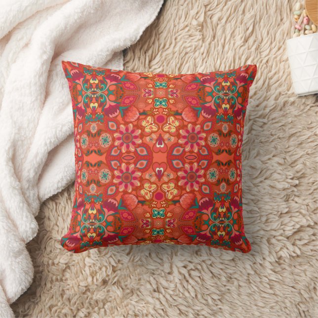 Coral Butterflies & Blooms Throw Pillow (Blanket)