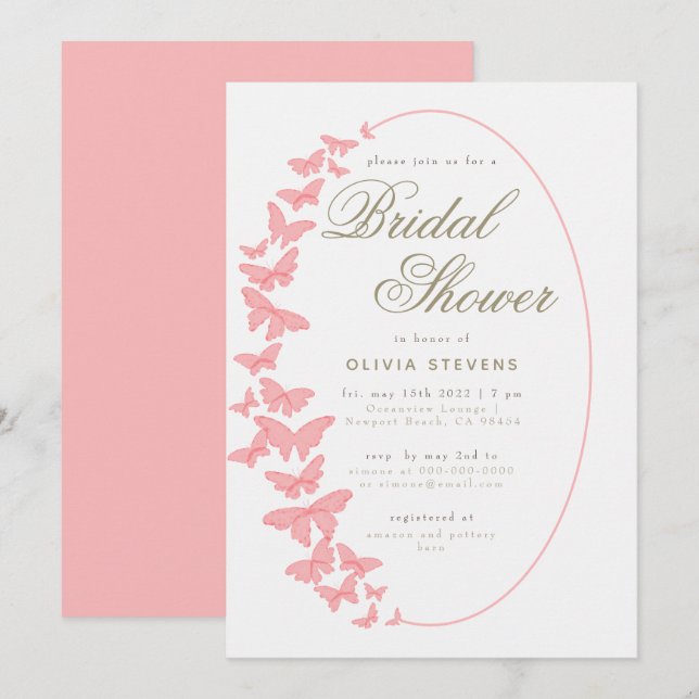 Coral Butterflies Boho Frame Elegant Bridal Shower Invitation (Front/Back)