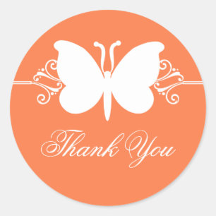 Coral Butterfly Swirls Thank You Stickers